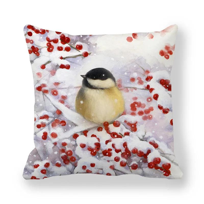 New Christmas Cushion Cover Print Robin Bird Pillow Navidad Gift Pillowcase Decoration