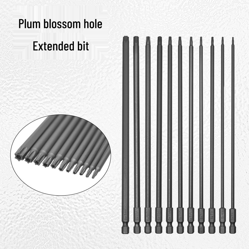 11-Piece Hex Shank Hollow Torx Screwdriver Bit Set with S2 Center Hole, 200mm