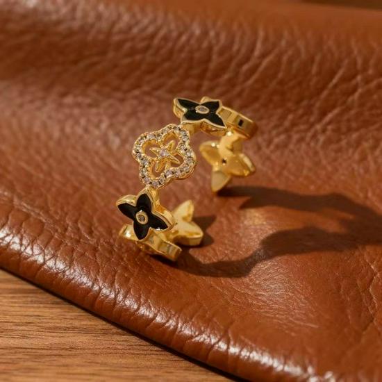 Luxury Diamond Clover Enamel Open Ring - Elegant and Fashionable Four-Leaf Design for Women