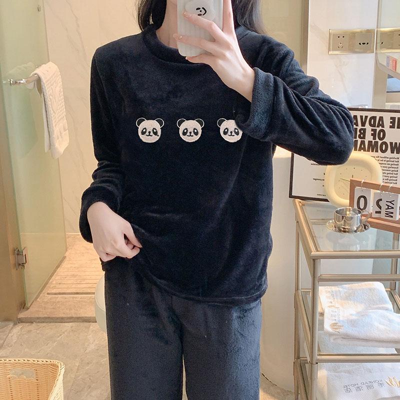 Verdickte warme Schlafbekleidung für Winter Damen Pyjamas Flanell Cartoon Panda O-Ausschnitt Korallenvlies plus Winterpyjamas Damen