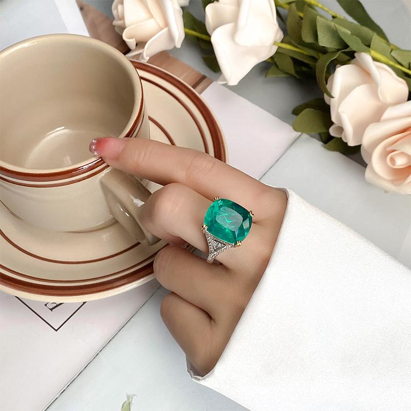 Jewelry Copper Bottom Gold-Plated Simulation Color Treasure Corundum Fat Rectangular Square, Including Ring Female 14 * 16