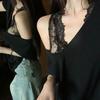 Summer Lace Inner Sweet and Spicy Gentle Wind Solid Color Vest Dark V-neck Off-the-shoulder Loose Short-sleeved T-shirt Top Women Ins
