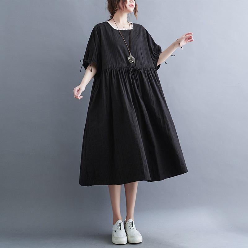 Long Dress Women Linen Large Size Loose Summer Solid Color Short-sleeved Dress Knee-length Thin Large Swing Dress
