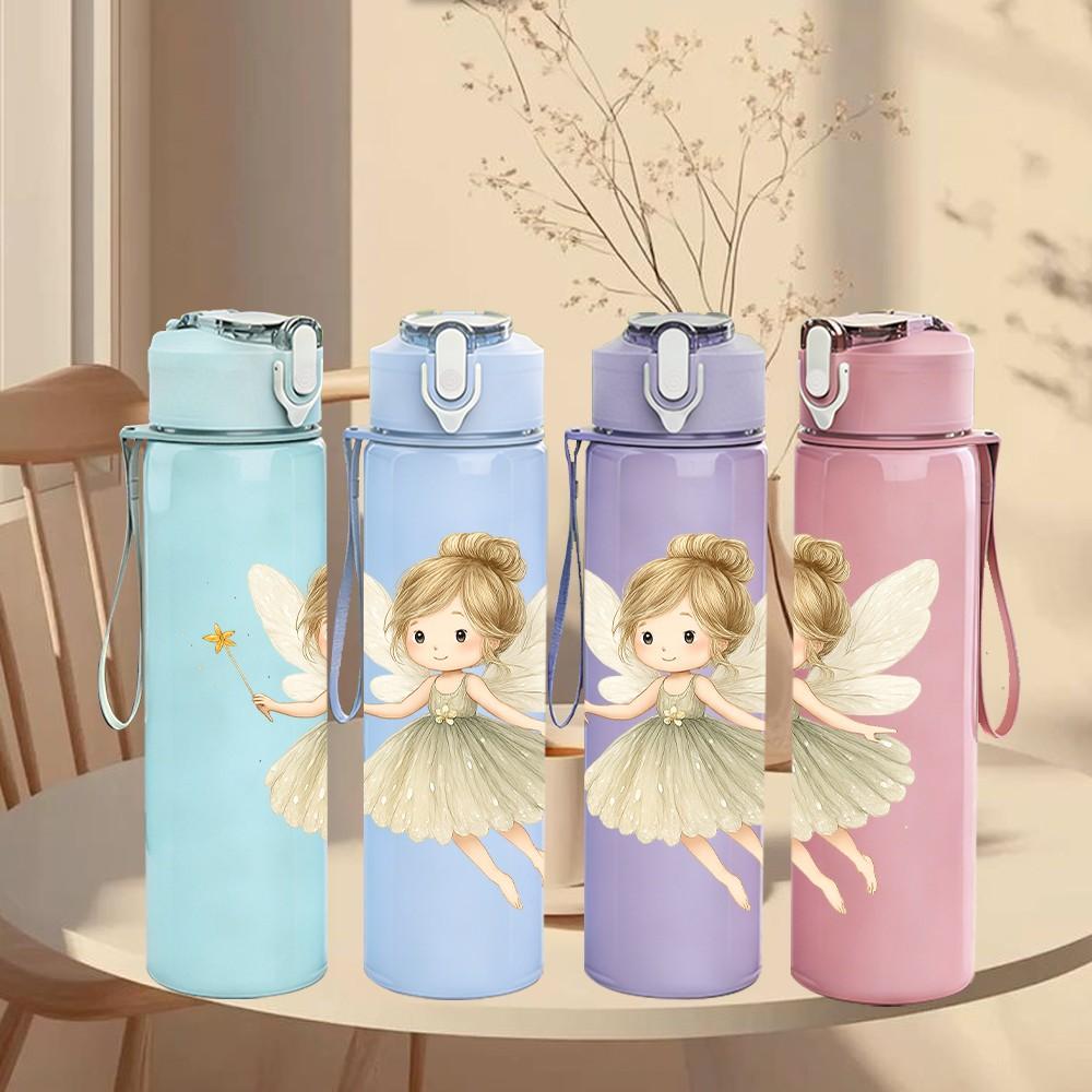 1PC Cute Winged Fairy Illustration 750ml Color Plastic Sports Water Bottle Leakproof Flip Straw Lid Suitable for Sports Office Home Use