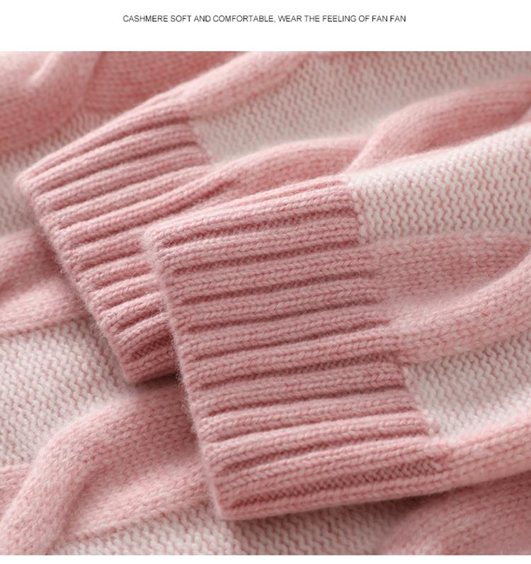 Heavyweight Contrast Color Cable Knit Cashmere Sweater - Autumn/Winter, Long Sleeve, Textured, Thick, Fashionable, Loose Fit Knitwear.