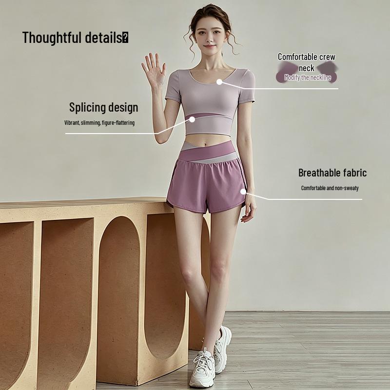 Premium Women's Color Block Sportswear Set - Short Sleeve Top & High-Waist Shorts, Yoga & Pilates Two-Piece Outfit