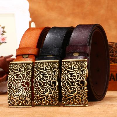 Women'S Engraved Hollow Smooth Buckle Printed Cowhide Belt Wide Waist Seal Jeans With Moisture