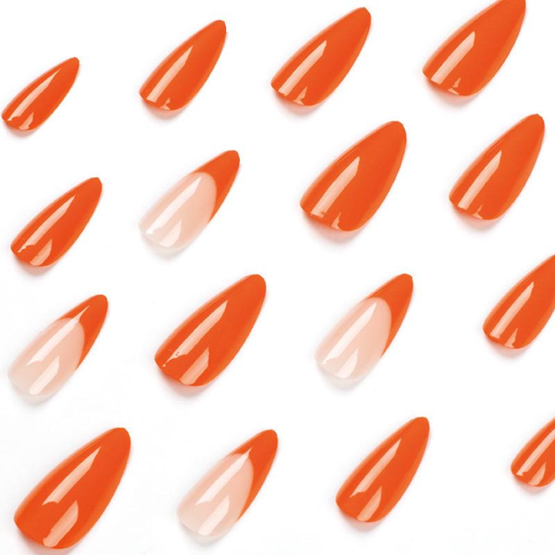 French Orange Almond-Edge Press-On Nails: Fake Solid Color Set of 24 Manicured Nails.