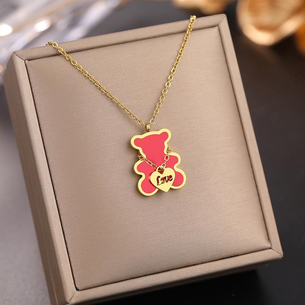 Stainless Steel Necklaces Lovely Cute Bear Shell Pendants Korean Fashion Choker Female Chain Necklace For Women Zircon Girls