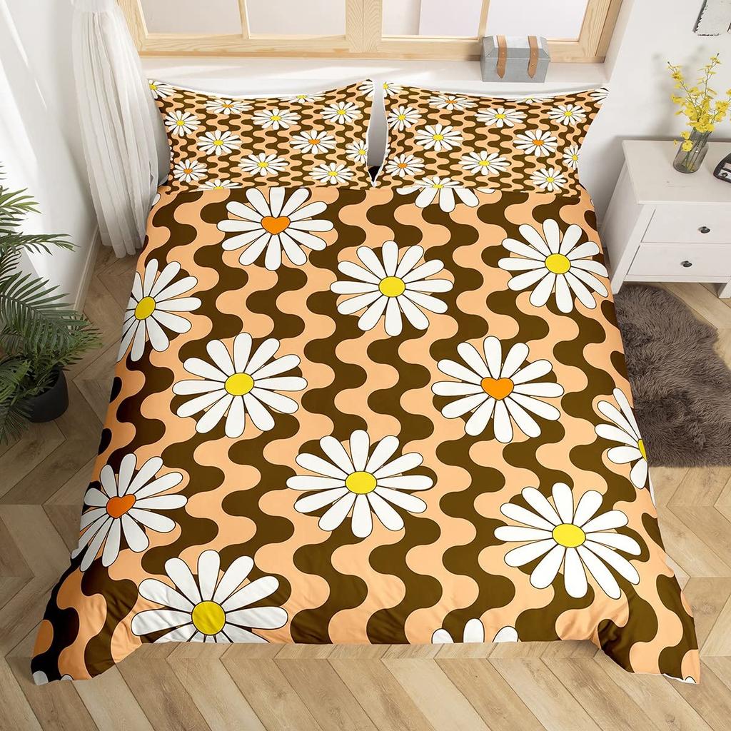 Vintage Groovy Flower Duvet Cover Cute Rainbow Butterfly Bedding Set Retro Floral Boho Pink Comforter Cover with 2 Pillow Case