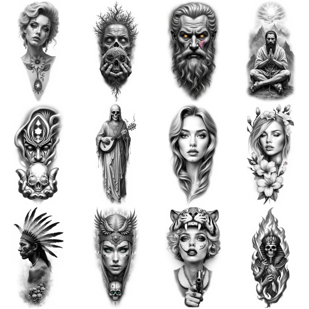 12pcs Temporary Tattoo Realistic Temporary Tattoos Fantasy Elements Religious Symbols Skulls For Men Women Thighs