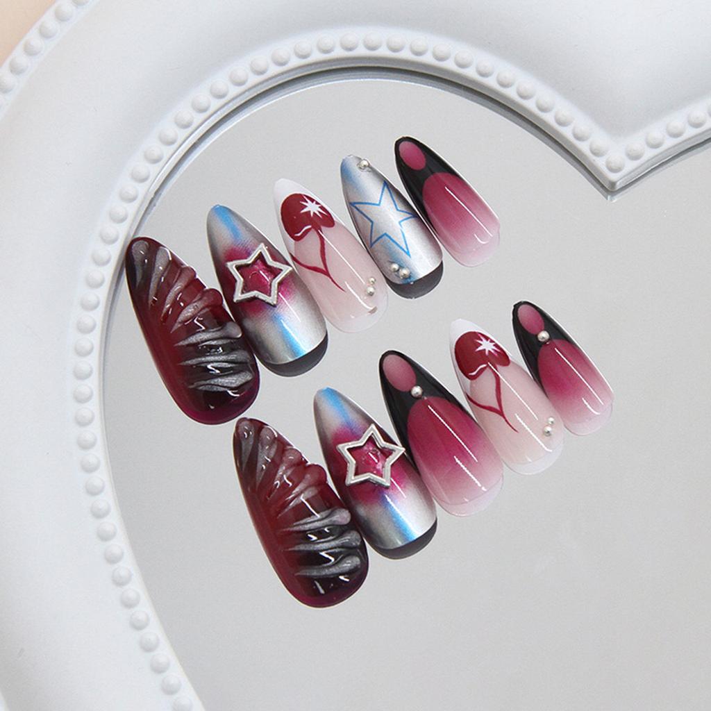 24PCS Blush Almond Fake Nails with Star Print Easy Effortless Application To Nails for Fingernail DIY Decoration