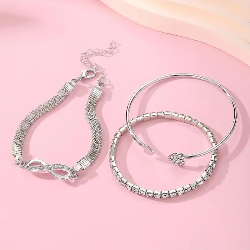 3Pcs Set Vintage Crystal Rhinestone Heart Bracelets for Women  Geometric Adjustable Infinity Cuff Bangle Jewelry Gift