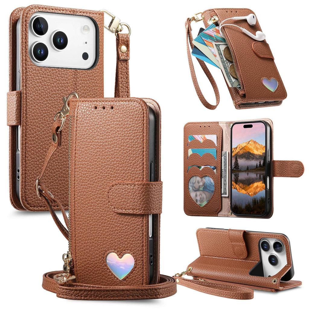 Para iPhone 17 16 15 14 13 12 Pro Max Capa Carteira - Porta-moedas com Zíper com 3 Compartimentos para Cartão, Suporte e Alça de Pulso, Capa Fofa à Prova de Choque