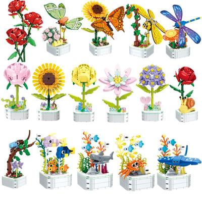 Rose Flower Building Block Flower Eternal Bouquet Prickly Pear Model Plant Decoration Educational Toy For Kids Birthday Gift