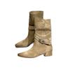 Sheepskin version~ Retro belt buckle small square head folded two wear medium boots western cowboy boots women's thick heel knight boots