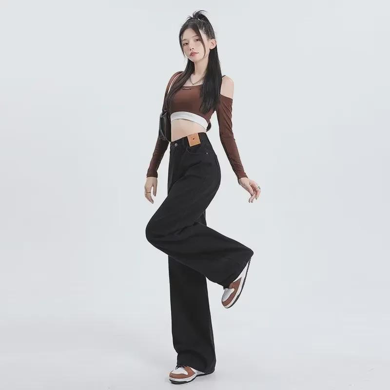 Girls' Black Wide-Leg High-Waist Jeans - Spring/Autumn 2024 Collection, Loose Straight Floor-Length Pants with High Street Style.