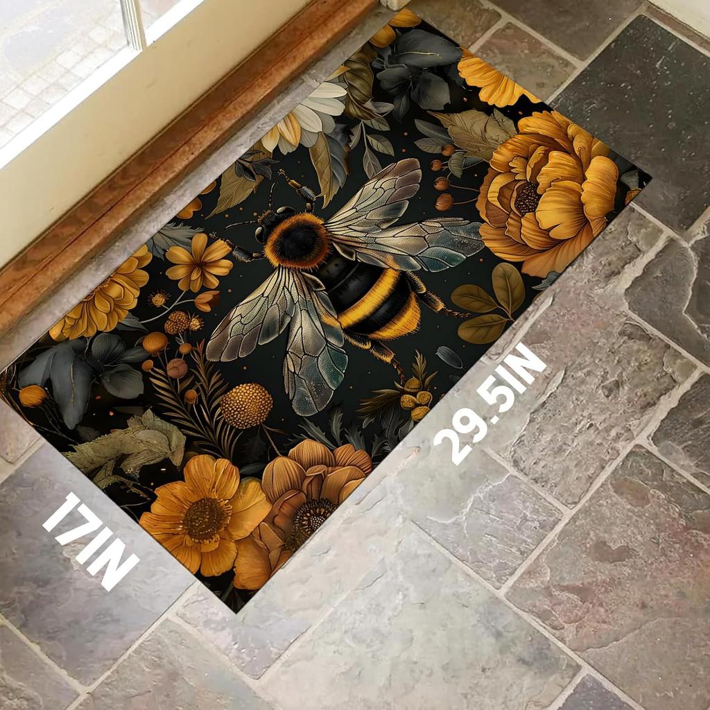 Retro Golden Bee Floral Door Mat Vintage Art Non Slip Floor Rug Decor