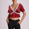 Women's Fashion Casual Summer Lace Sexy Slim Navel-Exposed Short Sleeve Top