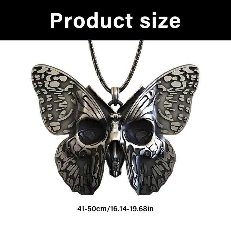 Gothic Skull And Butterfly Pendant Necklace Zinc Alloy Sweater Accessories For Edgy Fashion Jewelry Lovers