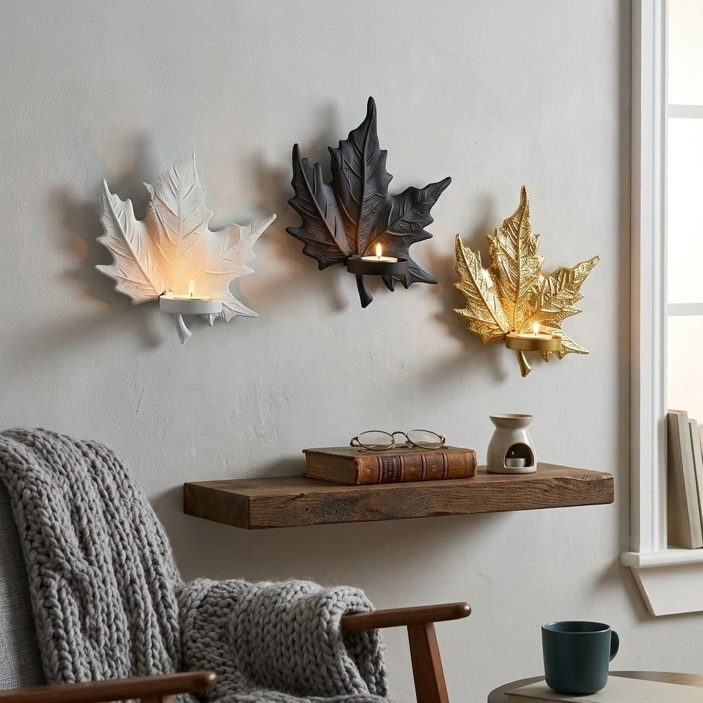 Modern Metal Leaf Candle Holder Nordic Style Iron Tealight Stand Eco-Friendly Handmade Decorative Table Centerpiece Christmas (White,22W528AI-S)