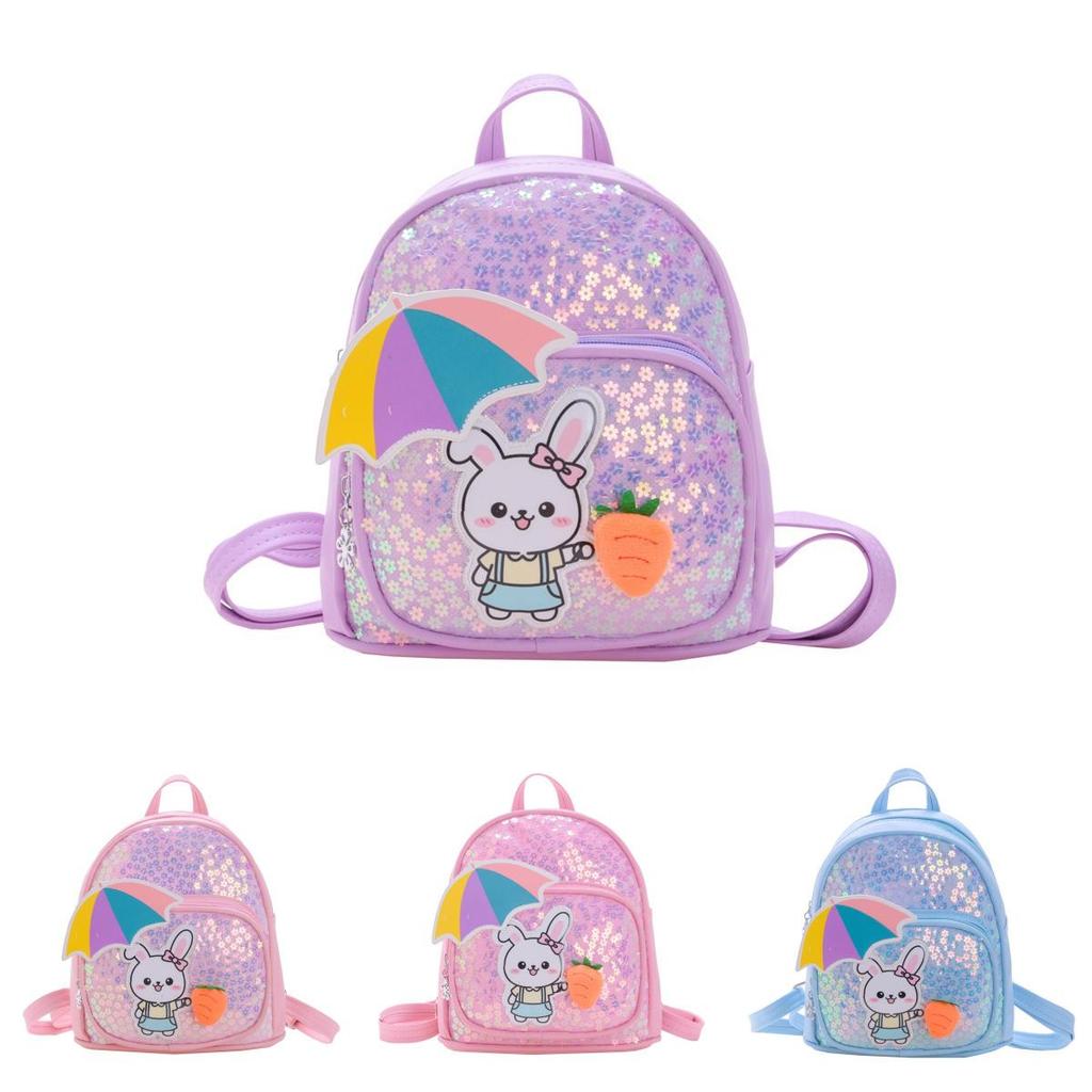 Girl Boy Cartoon Kids Backpack With Shiny Sequin Rabbit Decor For Educational Use