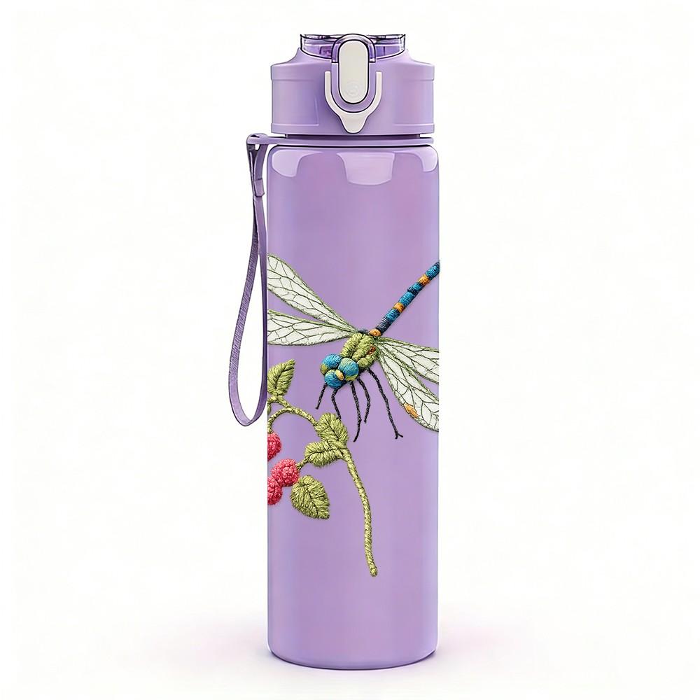 1PC Dragonfly Flower Line Art Print 750ml Color Plastic Sports Water Bottle Leakproof Flip Straw Lid Suitable for Sports Office Home Use