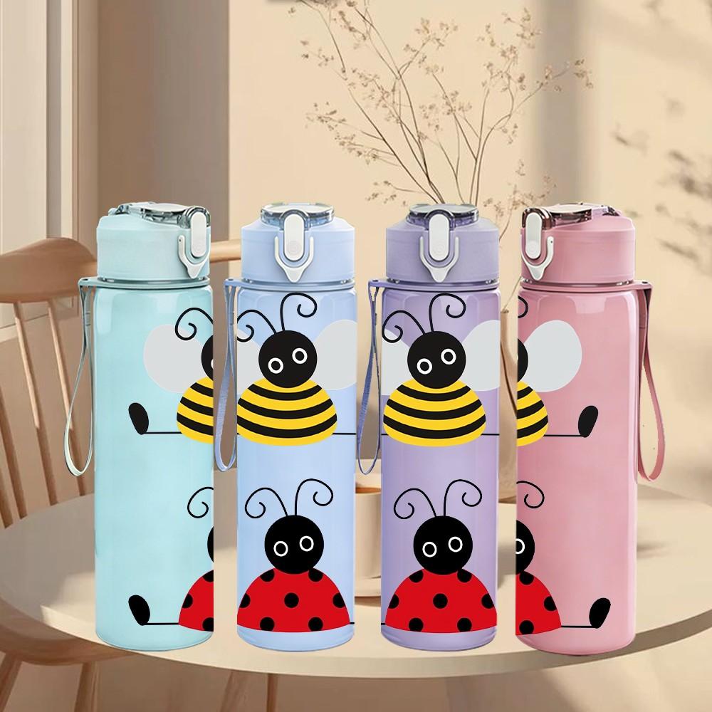 1PC Bee Ladybug Cartoon Pattern 750ml Color Plastic Sports Water Bottle Leakproof Flip Straw Lid Suitable for Sports Office Home Use
