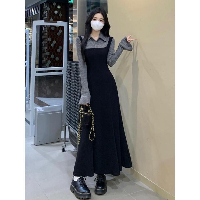 Plus Size Korean Hepburn Style Slim Fit Waist-Cinched A-Line Dress for Women - Autumn/Winter S