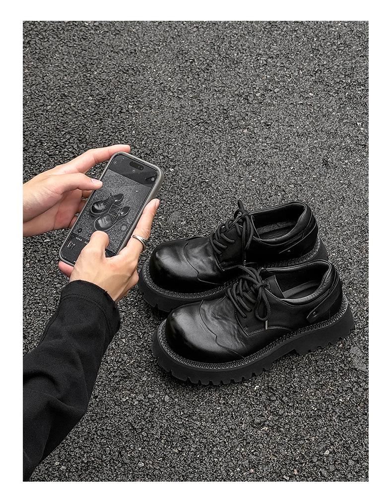 2024 Men's Genuine Leather Round Toe Derby Shoes - British Style, Thick Sole, Black Boots