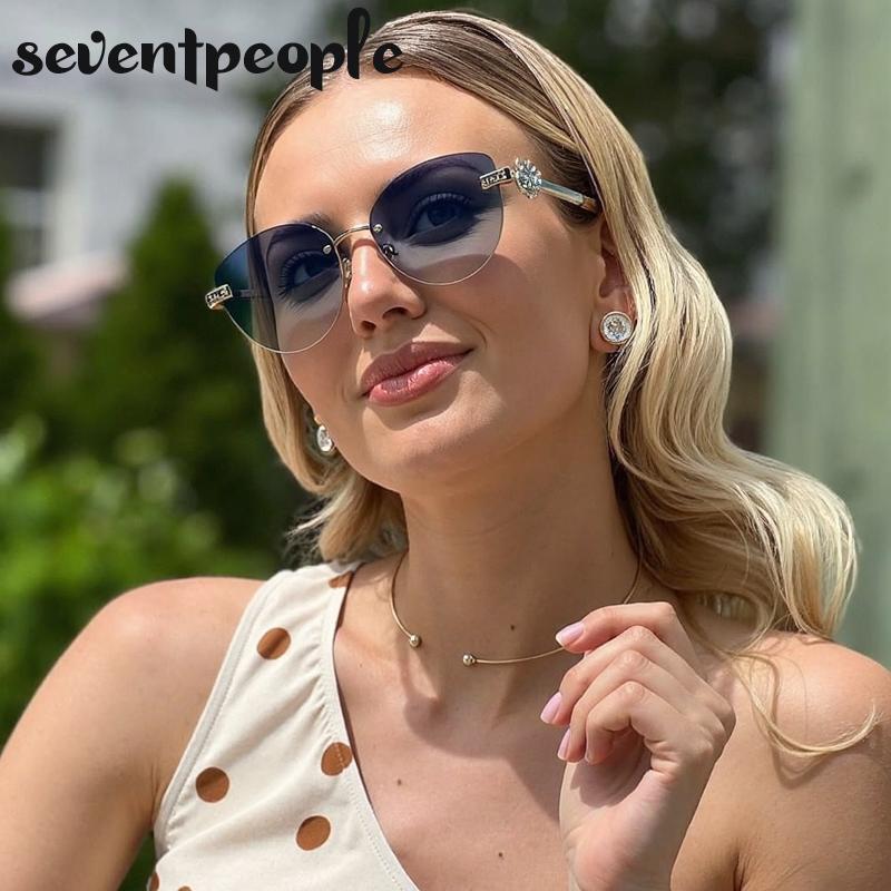 Trendy Cat Eye Frameless Sunglasses Women  Luxury Brand Y2K Punk Metal Cateye Sunglass Vintage Rimless Eyewear For Ladies