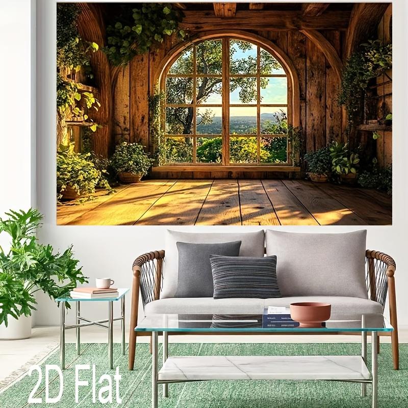2D plane, single rough wooden window background image, with plants and greenery - polyester material photography background