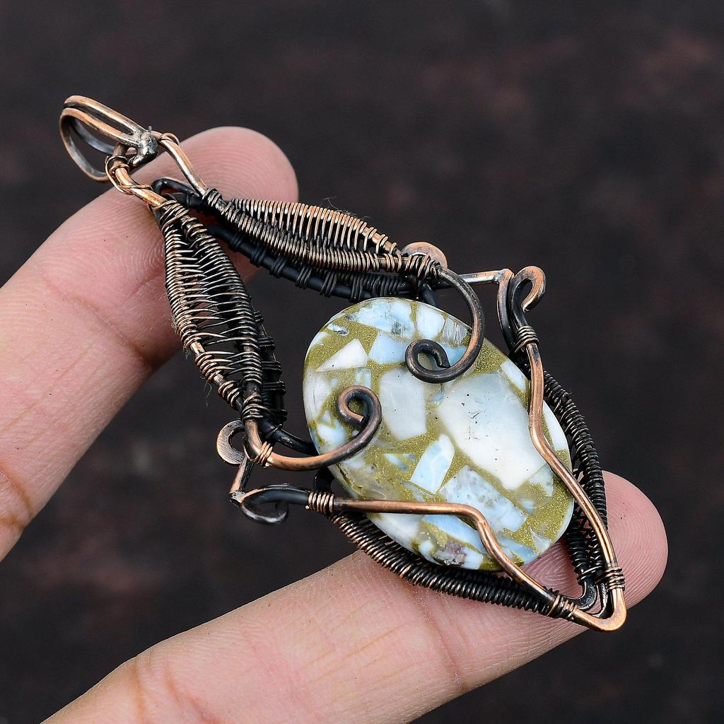 Copper Larimar Pendant Copper Wire Wrapped Pendant Handmade Decent Pendant Copper Wire Wrap Jewelry Gemstone Pendant For Women Gift For Him