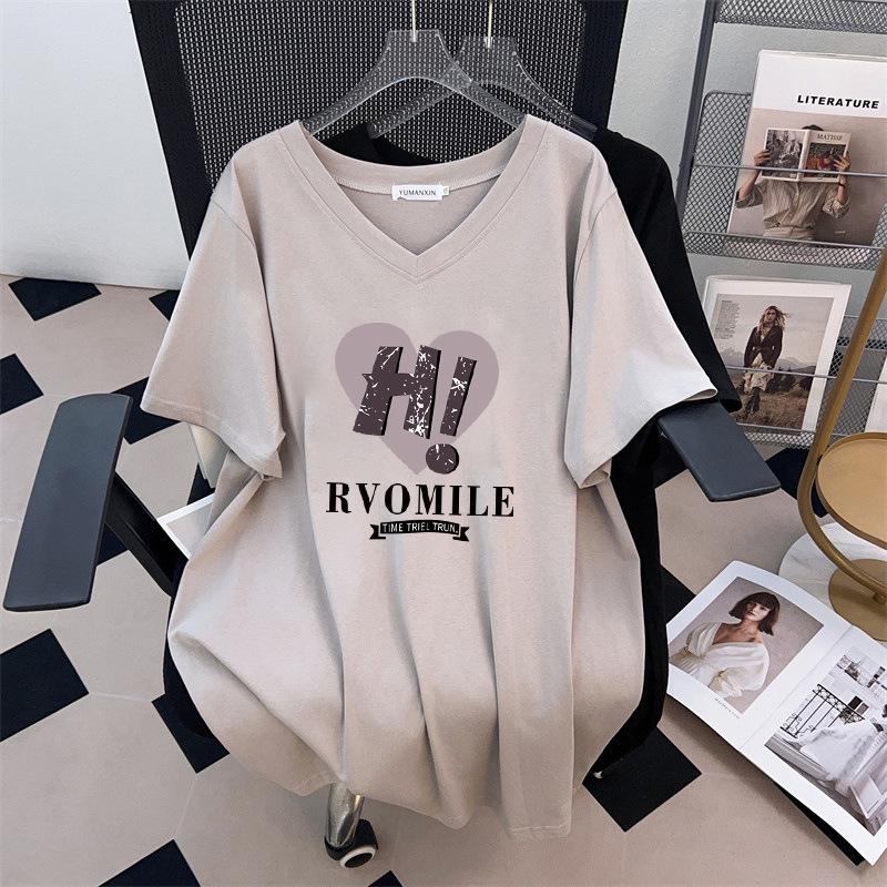 Women s Plus Size V-Neck Mid-Length Loose-Fit Slimming T-Shirt, Short-Sleeved (200/300/350 Jin) 4XL
