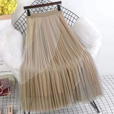 Summer Women Elegant Contrast Color Elastic Waist Mesh Tulle Long Midi Pleated Skirt