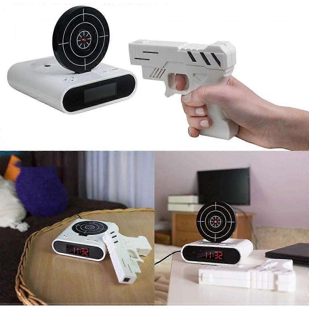 SCSYV Target wake-up alarm clock, creative gun shooting alarm personalized 12-hour digital display, suitable for sleepers,  for boys and girls (White)