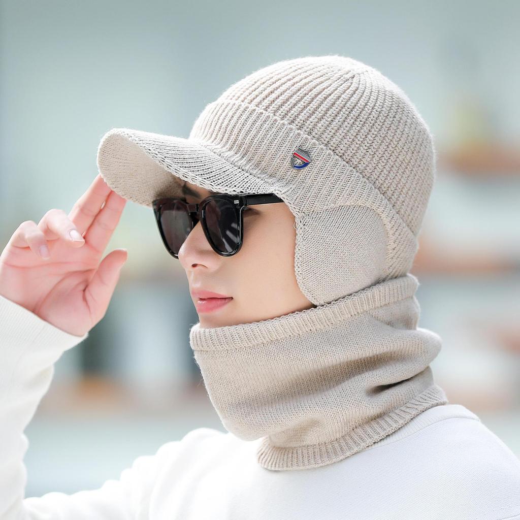 Men's Windproof Cold-proof Solid Color Warm Plush Stretchy Hats Autumn Winter Ear Protection Large Size Outdoor Knitted Hats