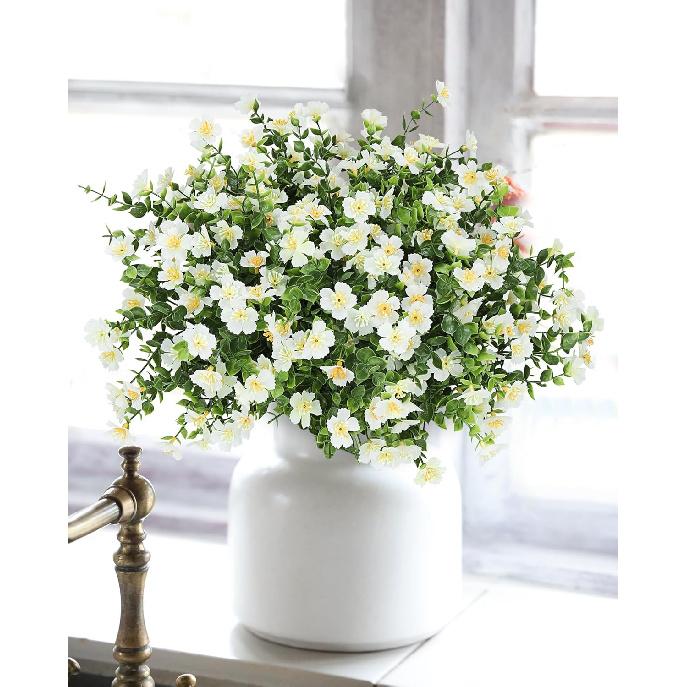 Artificial Flowers for Outdoors, 12 Bundles Fake White Flowers for Outdoor Planters, Faux Plants with Silk Flowers for Porch Decor Garden Patio Home