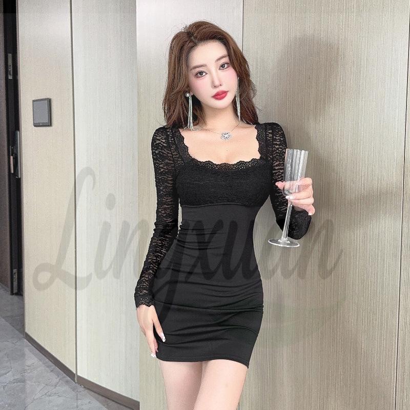 Elegant Slimming Lace Patchwork Square Neck Dress - Long Sleeve, Cinched Waist, Hip-Hugging Short Skirt