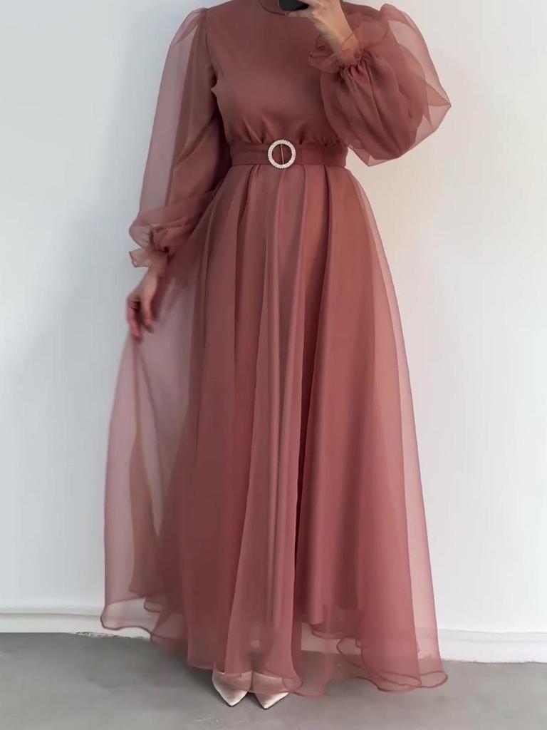 2024 Elegantes Damenkleid mit hohem Halsausschnitt, Netzstoff, schlankmachend, Laternenärmel