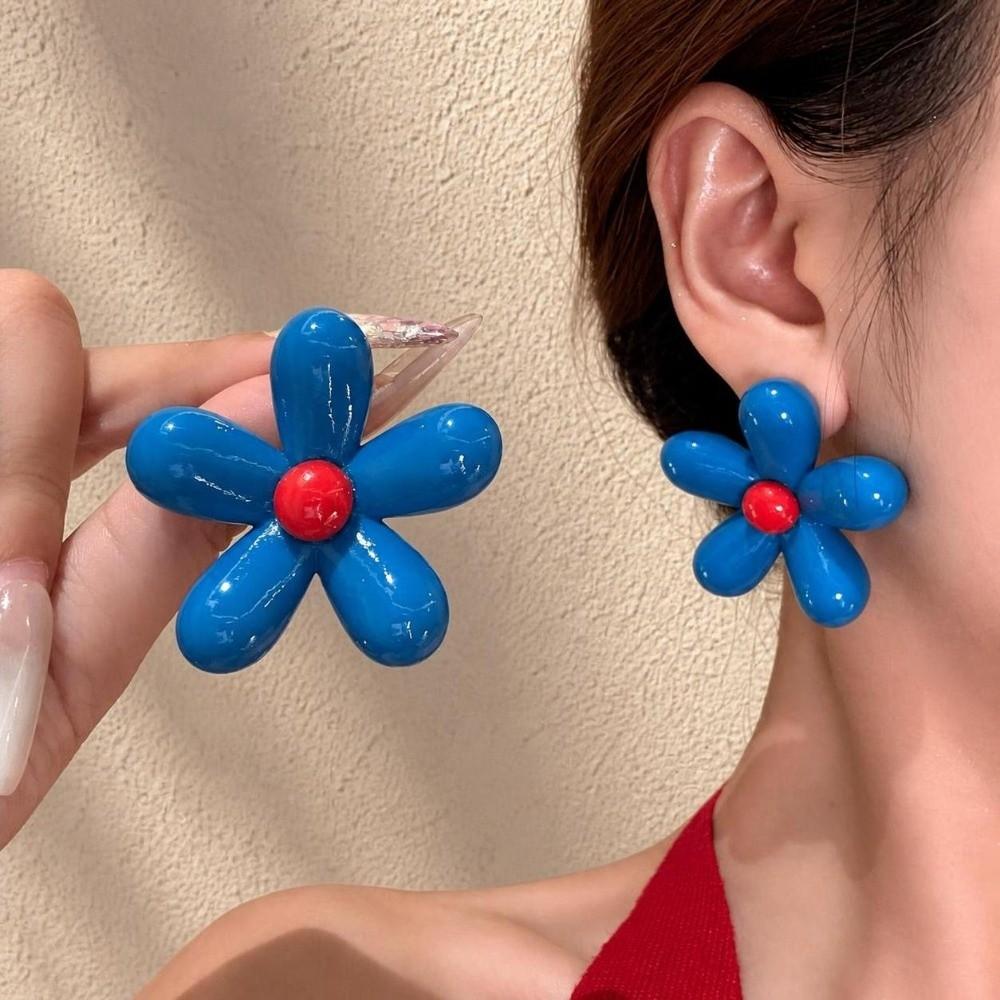 Oversized Resin Flower Earrings Glossy Asymmetry Earrings Trendy Flower Stud Earrings  Women Girls