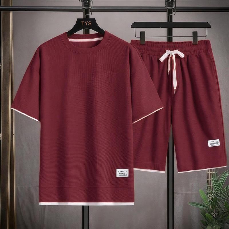 Men's Waffle Knit T-Shirt Shorts Set 2 Piece Casual Outfit Fake Two-Piece Design