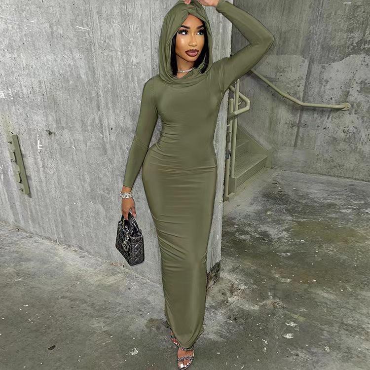 Bodycon šaty s kapucí a dlouhým rukávem - Styl evropských a amerických celebrit