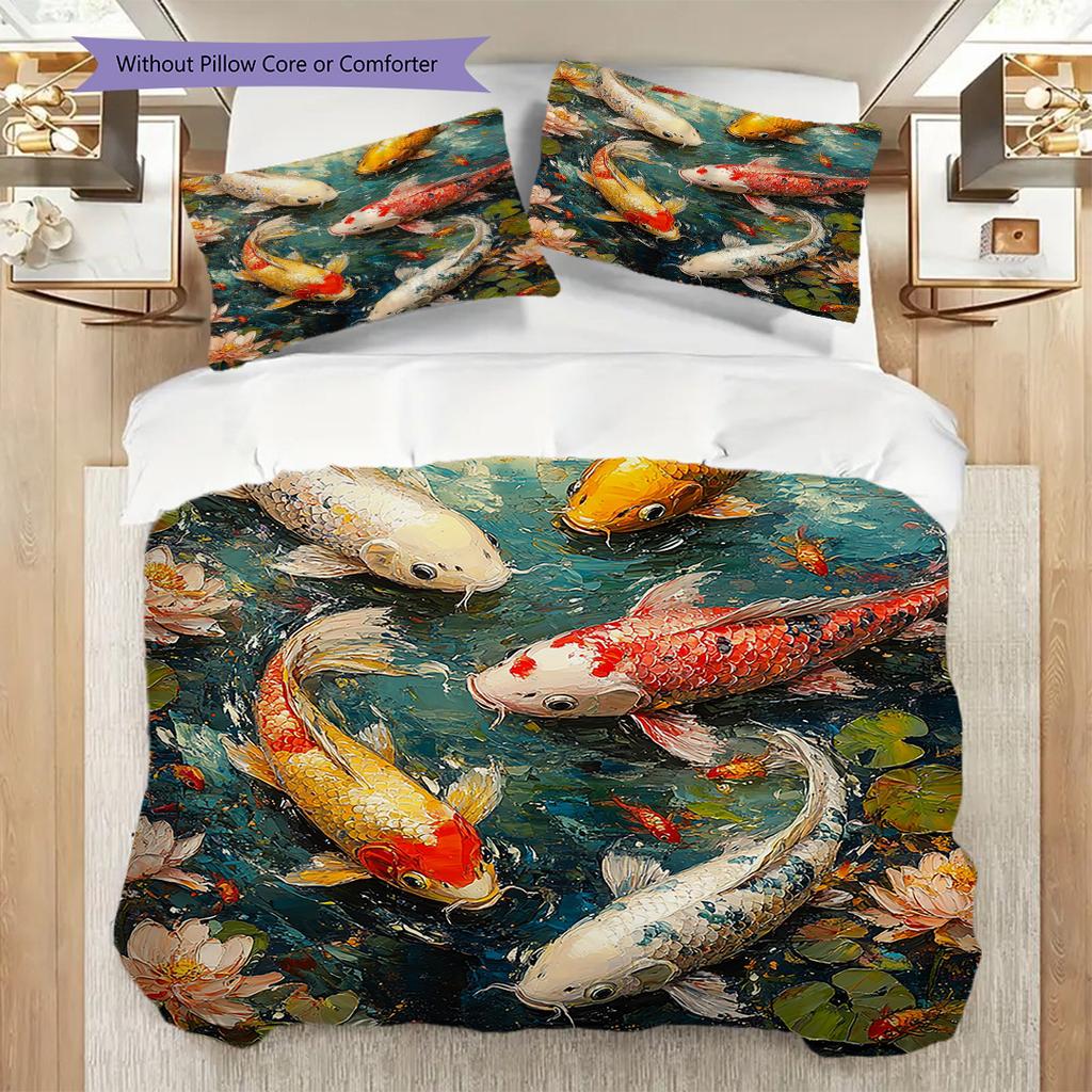 Koi Fish Pattern Bedding Quilt Set Quilt Cover Pillowcase Home Decoration Birthday Gift (1 * duvet cover + 2 * pillowcase, without core)