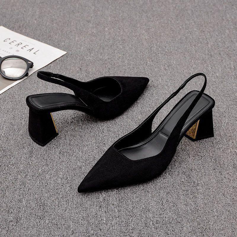 2025 summer fashion sandals new black bag head sandals women's pointed thick heel high heels women's fashion versatile temperament