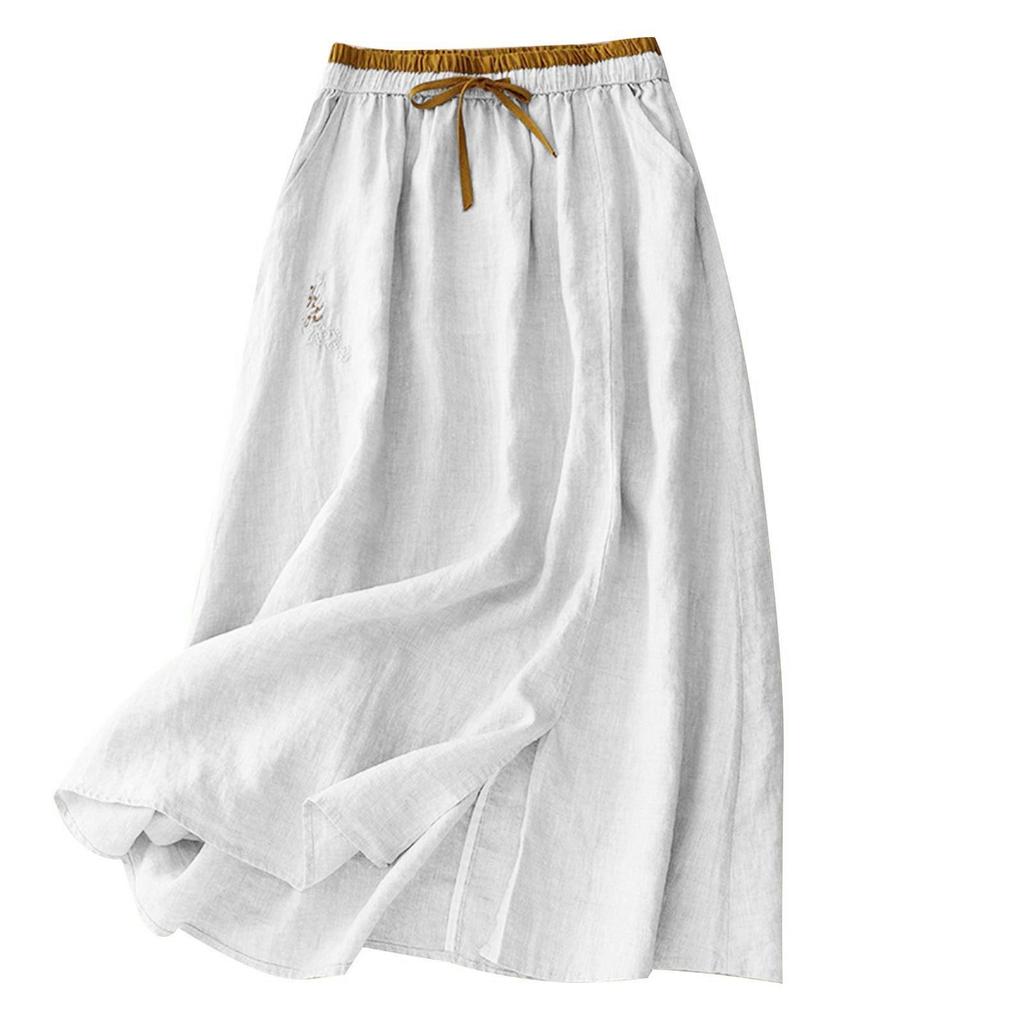 Dámská jednobarevná bavlněná a lněná poloviční sukně ležérní střední délky s elastickým pasem