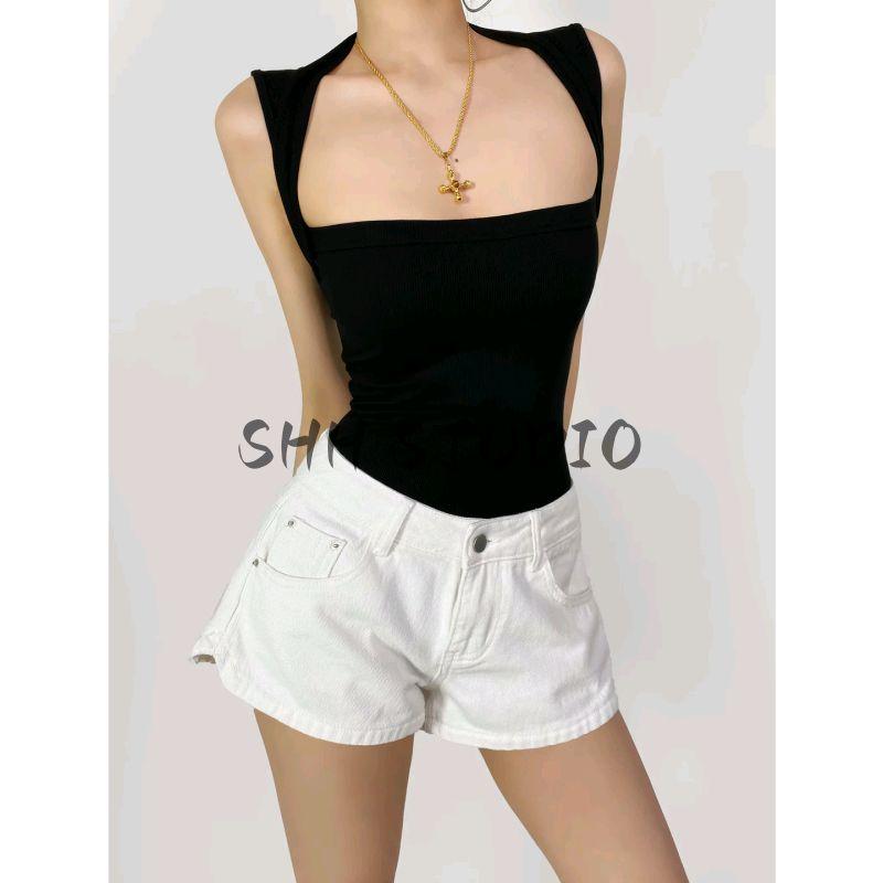 Summer New Product Women's Clothes American Washing Effect Straight-leg Side Arc Slit Design High Waist Denim Shorts