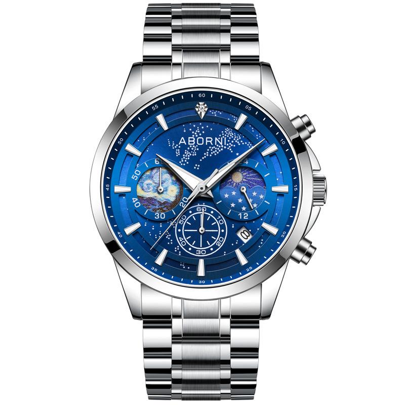 ABORNI Casual Sporty Brand Stainless Steel Band Wristwatches for Men Chronograph Quartz Watches with Date Moon Phase Watches