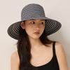 French Elegant Wide Brim Sun Hat Women 12cm Large Brim Striped UV Protection Beach Hat Foldable Summer Travel Straw Bucket Cap