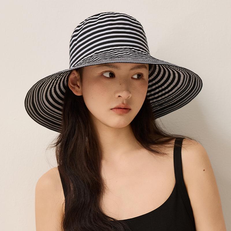 French Elegant Wide Brim Sun Hat Women 12cm Large Brim Striped UV Protection Beach Hat Foldable Summer Travel Straw Bucket Cap